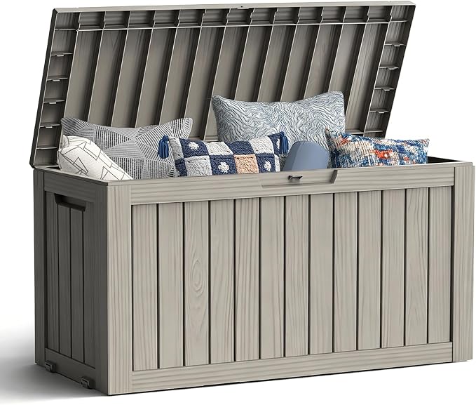 Mars Villa 72 Gallon Deck Box, Waterproof Weatherproof and UV Resistant Resin Storage Bin with Lockable Lid, Ideal for, Outdoor, Patio Furniture Cushions, Pool Supplies, Garden Tools, Grey