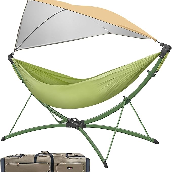 Portable Outdoor Hammock with Quick-Fold Stand and Adjustable Sunshade for Ultimate Relaxation in Gardens, Camping, and Beach Settings - Spacious Design with Storage Bag Included