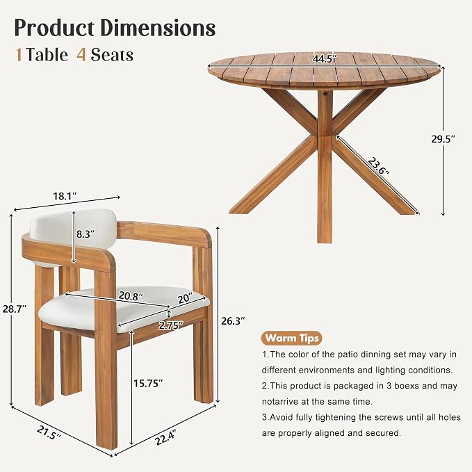 VilroCaz Acacia Wood Outdoor Dining Set for 4, All-Weather Outdoor Round Dining Table and 4 Barrel Chairs & Removable Cushions, 5-Piece Patio Furniture for Backyard Deck Poolside (Beige-ZD)