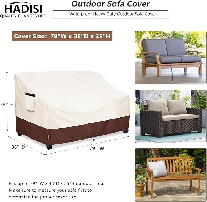 3-Seater Heavy Duty Patio Bench Loveseat Cover,100% Waterproof Outdoor Sofa Cover 79" W x 38" D x 35" H,Patio Furniture Couch Covers(Beige)