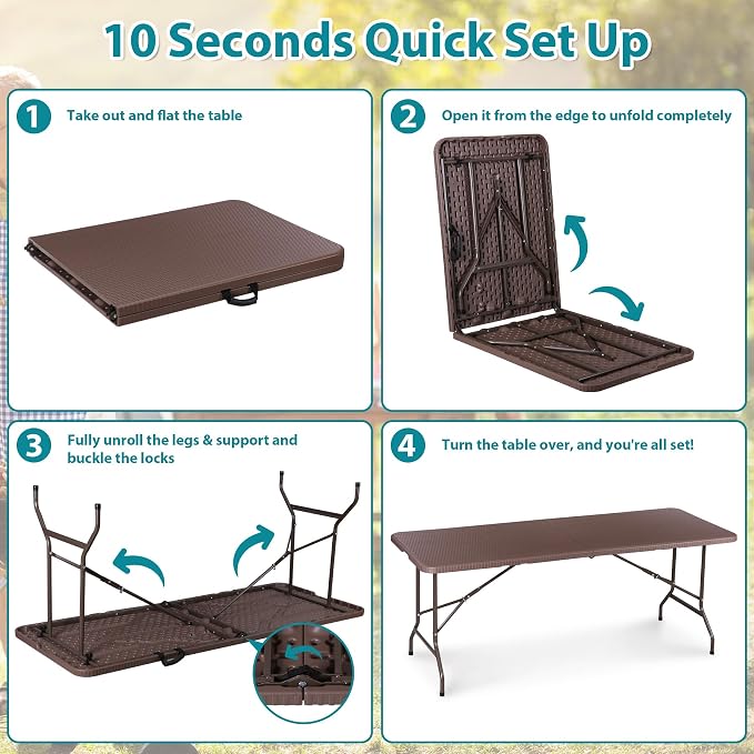 JupiterForce 6ft Plastic Folding Table, Indoor Outdoor Portable Heavy Duty Foldable Camping Table, Fold-in-Half Utility Table Dining Picnic Table for Party Wedding Event, Brown