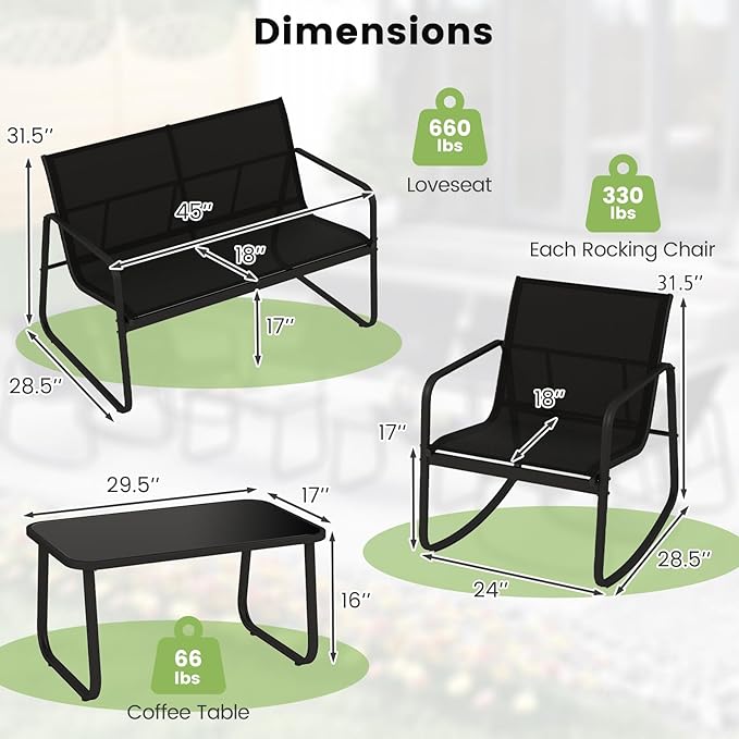 Tangkula 4 Piece Patio Furniture Set, Outdoor Rocking Bistro Set with 2 Rocking Chairs, Loveseat & Tempered Glass Coffee Table, Porch Rocker Chair Conversation Set for Balcony Poolside Garden