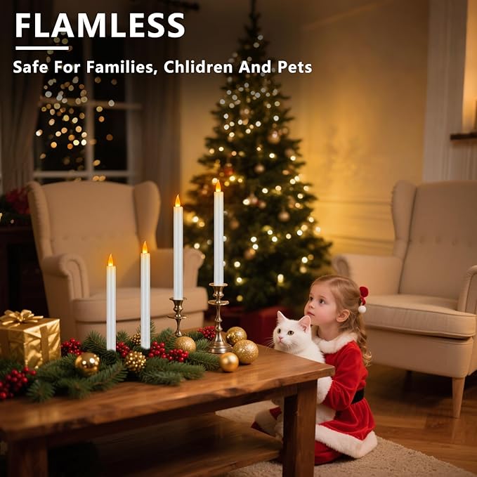 wemarry 10" Flameless Taper Candles with Remote, Electric Led Candlesticks, Plastic Tall Taper Candles Battery Operated with Flickering Flame for Halloween Christmas Wedding Home Décor (White, 6 Pack)