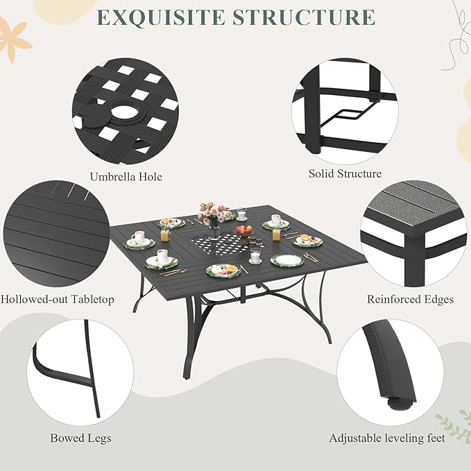 9 Pieces Patio Table and Chairs Set, 59.6" Square Dining Table with Umbrella Hole & 8 Textilene Fixed Chairs, Dining Table Set for 8, Outdoor Furniture for Porch Deck Yard Balcony Lawn, Brown