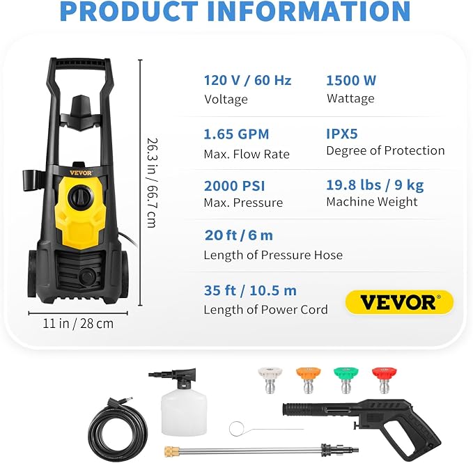 VEVOR Electric Power Washer, 2000 PSI 1.65 GPM, Portable Cleaner with 30ft Hose, Foam Cannon & 5 Nozzles for Cars, Patios, Fences - ETL Listed