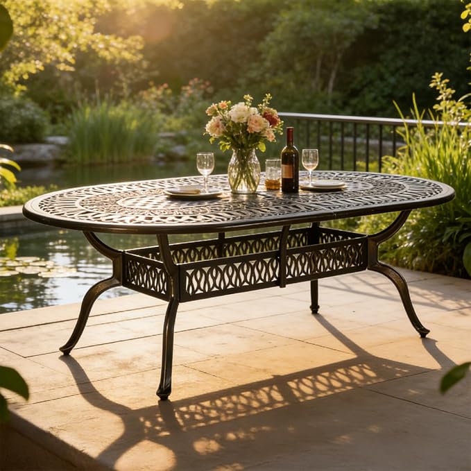 MEETWARM Outdoor 84" Oval Patio Dining Table, All Weather Cast Aluminum Large Patio Furniture Table Fits for 6-8 Person with 2" Umbrella Hole, Dark Bronze