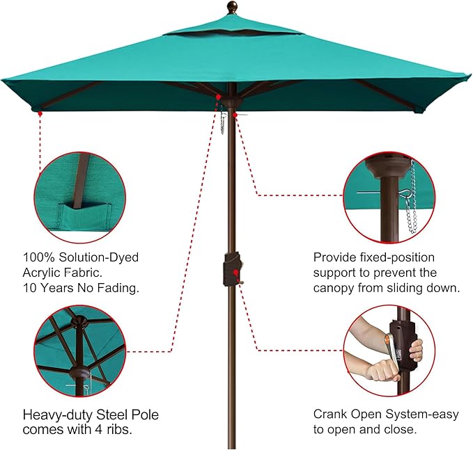 EliteShade USA 10-Year-Non-Fading 6x6Ft Square Market Patio Umbrella, UPF 50+ UV Protection Performance Sun Umbrella, Heavy Duty Commercial Grade Outdoor Table Umbrella with Crank, Windproof Vented Top for Garden, Pool, Deck and Outdoor Playsets, Teal