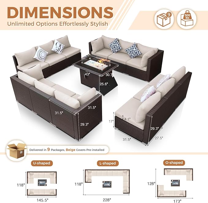 BULEXYARD 13 Piece High Back Wicker Patio Furniture Sets with Fire Pit, All-Weather Heavy Duty Outdoor Seating Set Modular, Extra Deep Wide 12-Person Sectional Couch Sofa for Backyard, Brown & Beige