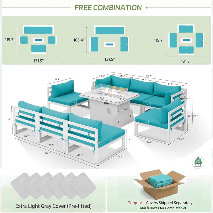 RADIATA 9 Piece Large Modern Aluminum Outdoor Patio Furniture Set with Fire Pit Table Propane/Gas, 29 inch Wide Deep Seat, Anti-Rust Comfy Sectional Sofa, 500 lbs Sturdy Conversation Set, Turquoise