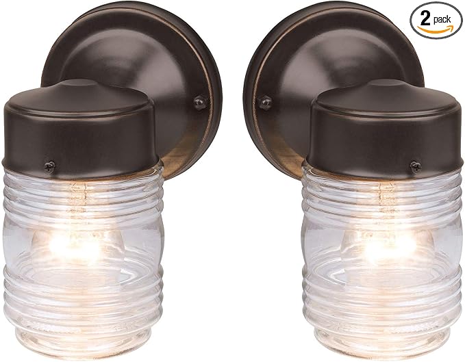 Design House 587311 Jelly Jar Classic 1-Light 2-Pack Indoor/Outdoor Wall Light with Clear Ribbed Glass for Entryway Porch Patio, Oil Rubbed Bronze | Dimmable, Wall Mount, Traditional, Steel, 2-Pack, Lighting, 587311