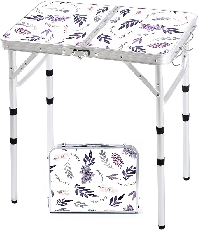 Yriuat Folding Camping Table 2ft Portable Picnic Table Adjustable Height Small Card Table Aluminum Foldable Lightweight with Carry Handle for Outdoor Indoor Hiking Camp BBQ Beach (Misty Lilac)