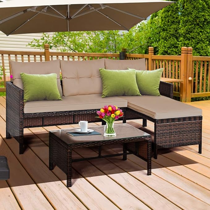 DORTALA 3 Piece Wicker Patio Furniture Set, PE Rattan Outdoor Sectional Sofa Conversation Set with Loveseat, Lounge and Tempered Glass Coffee Table for Garden Lawn Deck (Brown)