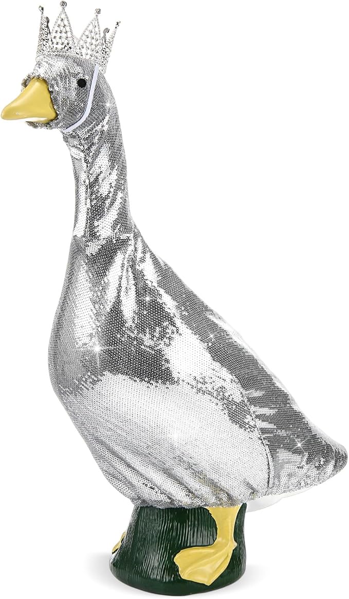 Silver Sequin Porch Goose Outfit with Crown for 23 Inch Lawn Geese, Sparkly Princess Porch Goose Dress Clothes for Party, Birthday, New Year, Patio Yard Garden Decor