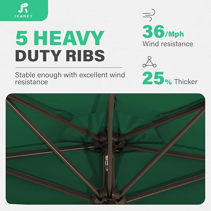 JEAREY 9ft Half Umbrella Outdoor Patio Umbrella Market Umbrellas with Crank, 1/2 Round Wall Umbrella 5 Sturdy Ribs UV Protection for Pool Garden Balcony Deck, Dark Green