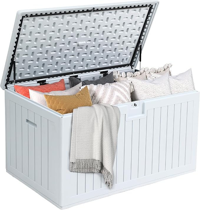 DWVO 180 Gallon Double-Wall Deck Box, XL Large Resin Outdoor Storage Box, Lockable & Waterproof, Double as Seating, 1000lbs Capacity (Grayish-White)
