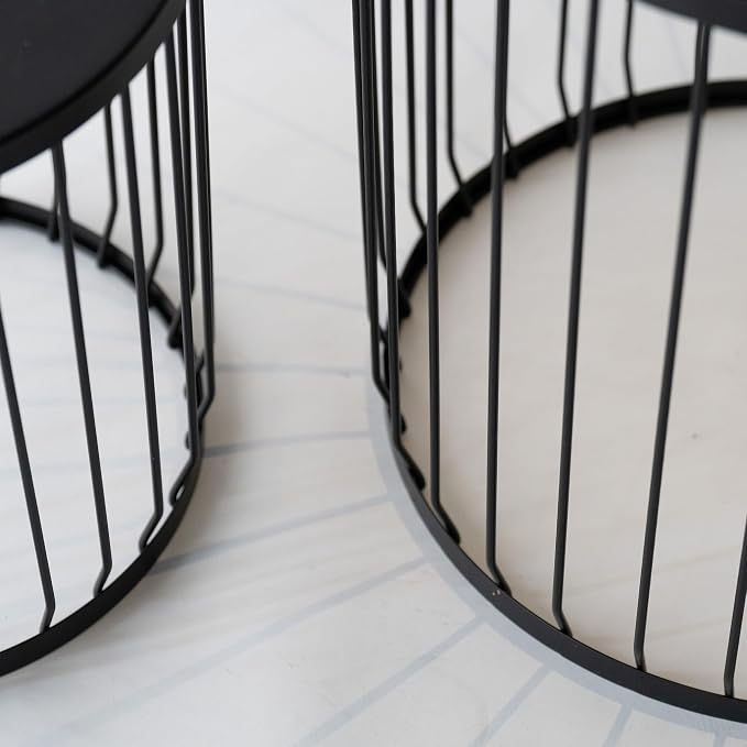 Solar Nesting Side Table Set of 2, Modern Black Metal Wire Round End Tables with Dusk to Dawn LED Light & On/Off Switch, Industrial Accent Tables for Patio, Balcony, Living Room, Garden (Solar 2)