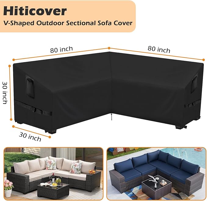 Outdoor V-Shaped Sectional Sofa Cover fit 80" x 80", 79" x 79", 78" x 78" L-Shaped Sofa, Waterproof Patio Couch Covers Outdoor Furniture Covers for Winter, 80" L x 30" W x 30" H