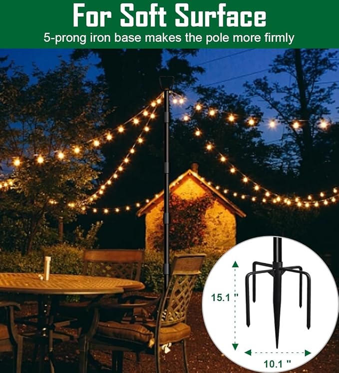 10Ft String Light Poles for Outside, Adjustable Metal Poles for Outdoor String Lights, Rustproof & Sturdy Light Stand Posts for Patio, Backyard, Deck, Garden, Party Decorations