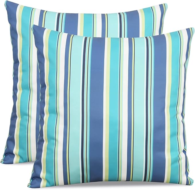 Adabana Blue Outdoor Waterproof Throw Pillow Covers 18x18, Decorative Colorful Striped Pillows Cover Set of 2 for Patio Garden Porch