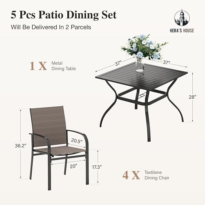 HERA'S HOUSE Patio Table and Chairs for 4, Outdoor Dining Set, Brown | 37" square metal dining table with textilene Chairs, Rust-resistant all-weather for Lawn Garden Backyard
