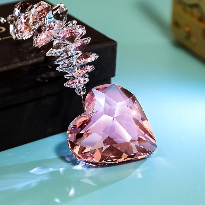 Shario 45mm Clear Glass Heart Crystal Ball Prism Pendant, Suncatcher for Windows, Outdoor Garden Hanging Décor, Gifts for Women, Mom(Pink)