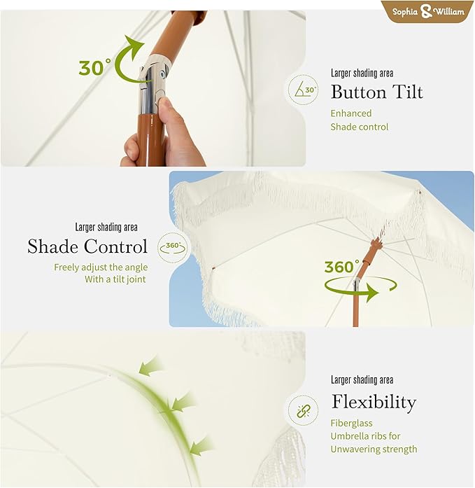 Sophia & William 7ft Outdoor Beach Umbrellas with Fringe, Portable Tilt Umbrellas for Sand, Patio, Lawn, Garden, Pool, Outing, Balcony