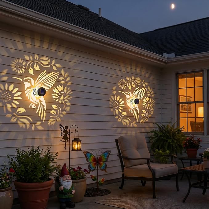 2 Pack Solar Fence Lights Metal Solar Powered Outdoor Wall Deck Step Lights Hummingbird Floral Theme Waterproof Fence Light for Garden Post Patio Backyard Yard Decor, Gardening Gifts for Women Mom