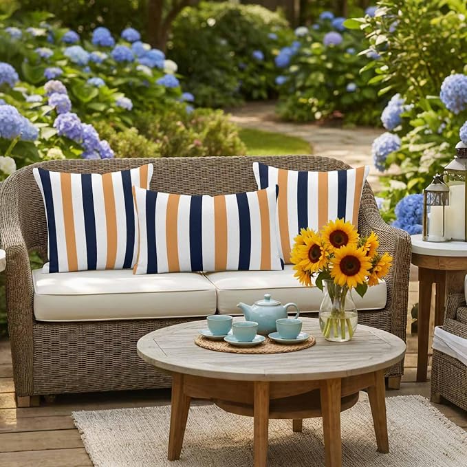 Burnt Orange Navy Blue Striped Waterproof Outdoor Pillow Covers Set of 2 Home Decor, Farmhouse Stripe Art Pillowcase Patio Pillow Covers for Couch Bench Furniture Garden 20x20in