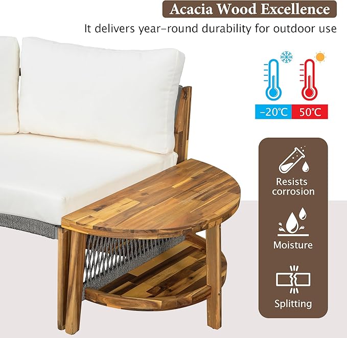 3-Piece Outdoor Patio Furniture Sectional Sofa Set, 2 Semi-Circle Sofas with Coffee Table, All-Weather Acacia Wood Conversation Set with Cushions for Garden Backyard Balcony, Freely Combined