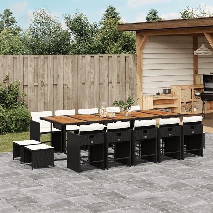 15 Piece Patio Dining Set, Foldable Outdoor Table and Chairs with Cushions, Black Poly Rattan Garden Furniture for Backyard, Deck, and Poolside