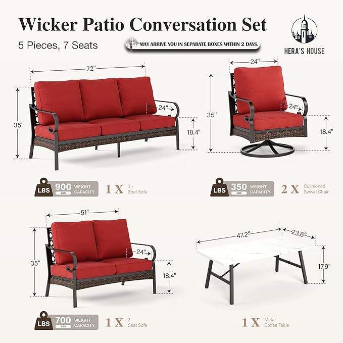 HERA'S HOUSE 5 Piece Metal Patio Furniture Set, 7 Seats All Weather Outdoor Conversation Set, 3 Seat Sofa with Loveseat, 2 Swivel Chairs, Coffee Table for Backyard, Garden, Deck, Red