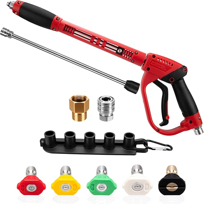 Pressure Washer Gun, Short Pressure Washer Gun with 2 Pressure-Washers Wands, 5 Nozzle Tips, M22 Fitting, 38 Inch, 5200 PSI