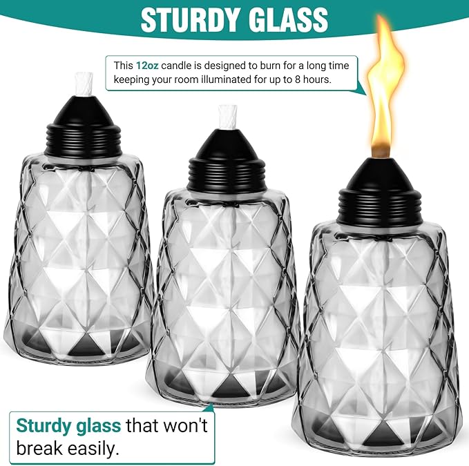 4-Pack Glass Tabletop Torches Outdoor, 12 oz Citronella Torches Canisters with Wick & Cap, for Patio, Backyard, Garden, Parties, Outside Deck (Black)