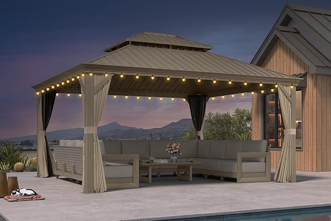 PURPLE LEAF Outdoor Gazebo 13'X15'，Champagne Hardtop Gazebo with Galvanized Steel Double Roof, Permanent Patio Gazebo with Curtains and Netting for Patio Lawn Garden and Deck