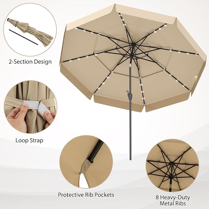 Tangkula 10 FT Solar LED Patio Umbrella, 3-Tiers Scalloped Outdoor Table Market Umbrella with 32 LED Lights, Tilt Adjustment, Crank, 8 Sturdy Ribs for Pool, Deck, Backyard (Beige)