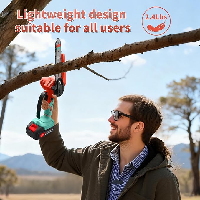 Mini Chainsaw with 2×24V Battery Powered Electric Chain Saw,chain saw are suitable for cutting wood and trimming branches,Mini Chainsaw Cordless With three chains (Orange-blue)