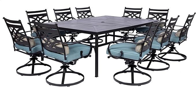 Hanover Montclair 11-Piece Patio Dining Set with 10 Swivel Rocker Chairs, Accent Lumbar Pillows and 84"x60" Steel Stamped Rectangular Table, Large Outdoor Patio Dining Set for 10, Ocean Blue