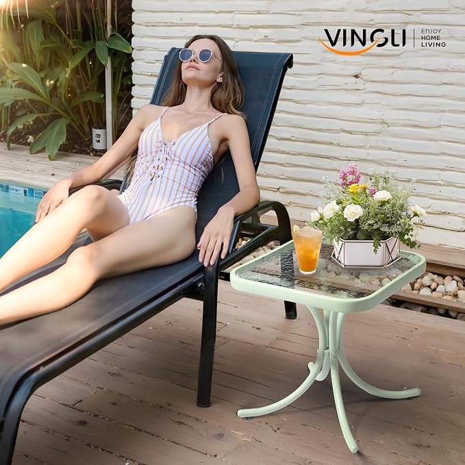 VINGLI Outdoor Side Table, 18" Patio Table Steel Frame Tempered Glass Top, Weatherproof Small Tables for Balcony Garden Poolside (Green, Square)