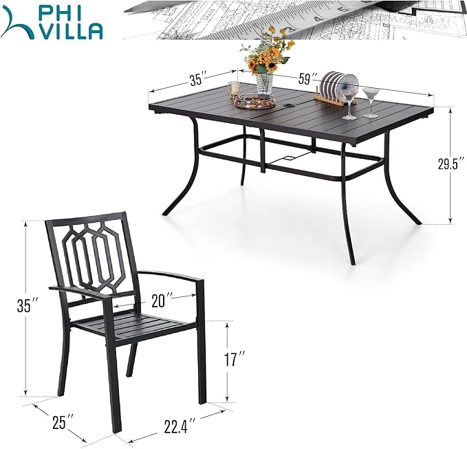 PHI VILLA 7 Piece Outdoor Dining Set for 6, 60” Rectangular Black Metal Table with Umbrella Hole & Stacking Wrought Iron Chairs, Outside Furniture Set for Patio, Deck, Backyard, Porch