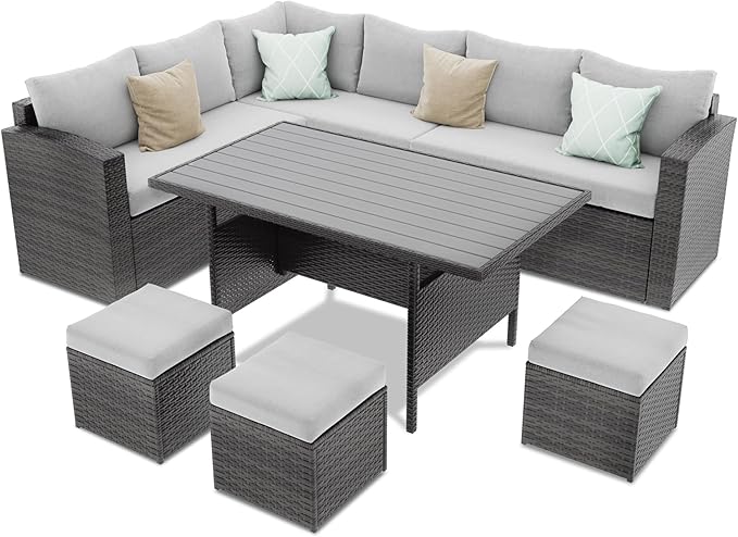 Solaste 7 Piece Patio Furniture Set, All Weather Wicker Patio Conversation Sets with Cushion Seat & Pillows, Outdoor Dining Set, Patio Furniture Outdoor Sectional, Light Grey