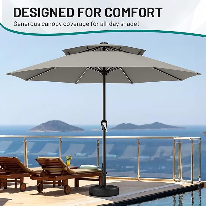 AreShark 12ft 2 Tiers Patio Umbrella - Outdoor Umbrella Waterproof UV Protection, Market Table Umbrella w/ 8 Sturdy Ribs&Crank for Pool, Porch, Garden(Light Gray)