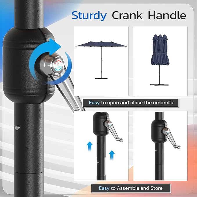 AECOJOY 15x9ft Double-Sided Patio Umbrella Outdoor Market Umbrella Large Umbrella Table 177''x104'' Umbrellas with Crank Air Vents for Deck Pool Patio (1.9" Pole, Dark Blue)