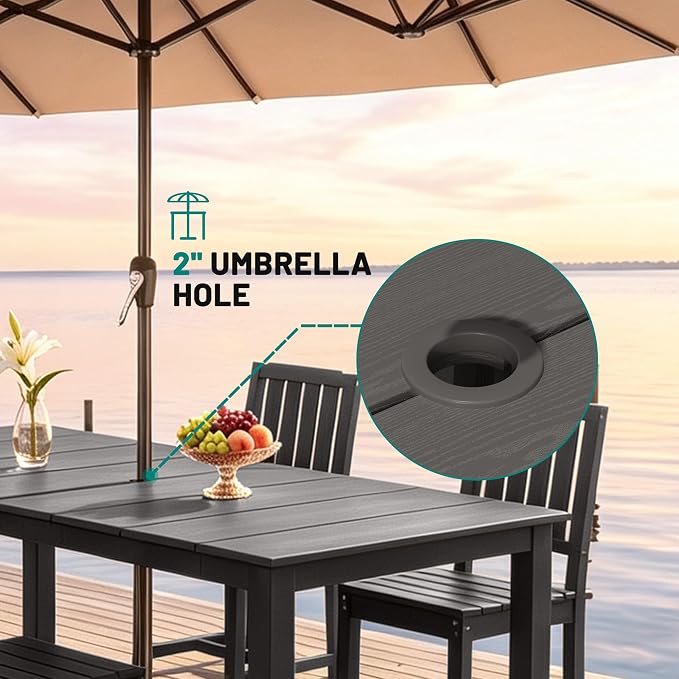 PLUUV 5-Piece Outdoor Dining Set – HDPE Patio Furniture with Aluminum Table, Umbrella Hole, and 4 Armless Chairs, All-Weather Resistant for Garden & Backyard, Grey