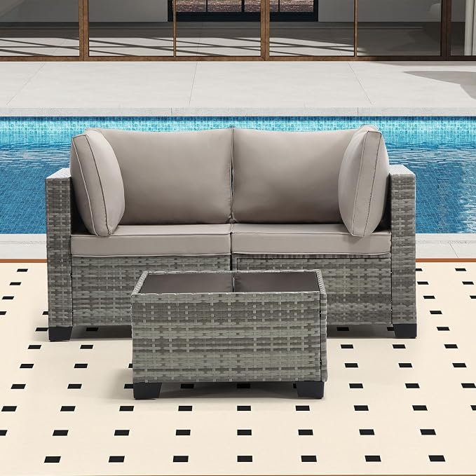 Bonzy Home 3 Pieces Outdoor Patio Furniture Set, PE Rattan Outdoor Sectional Furniture Sofa Set with Removable Cover and Glass Coffee Table, Patio Sofa for Balcony, Porch, Garden, (Grey-Grey)