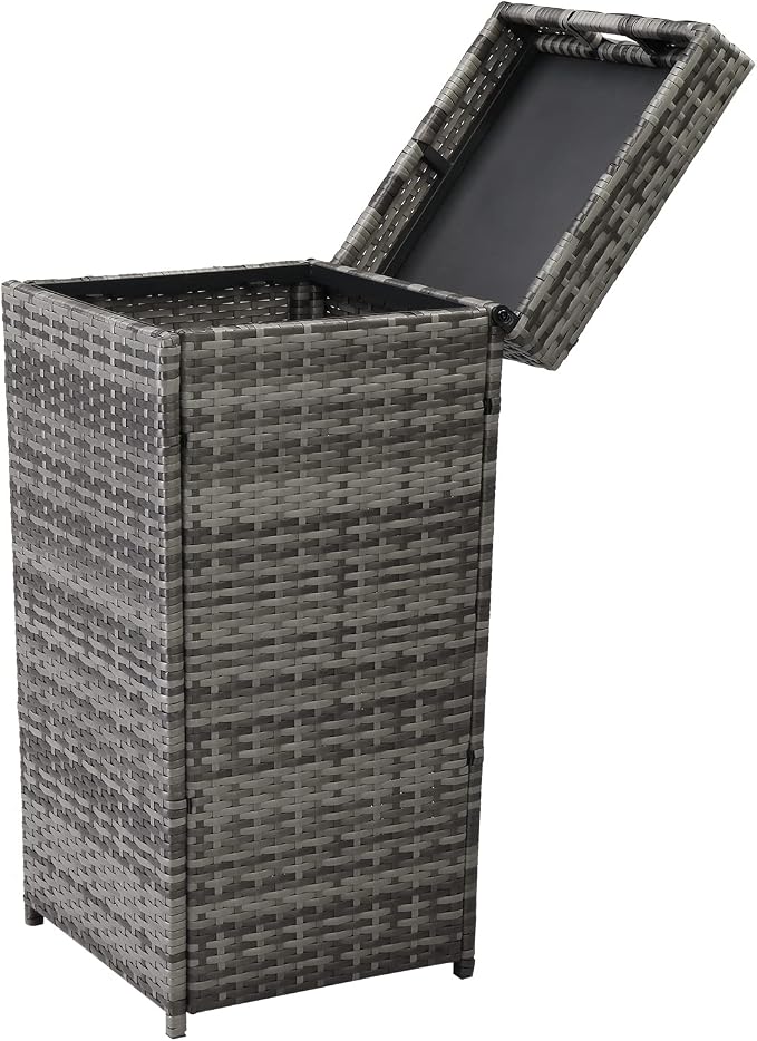 Rattan Trash Can, Deck Storage Box,Rattan Pool Storage Box with Lid & Top Cover Iron Frame, Garden Deck Bin Storage Bench Deck Box for Garden, Backyard, Pool (Grey)