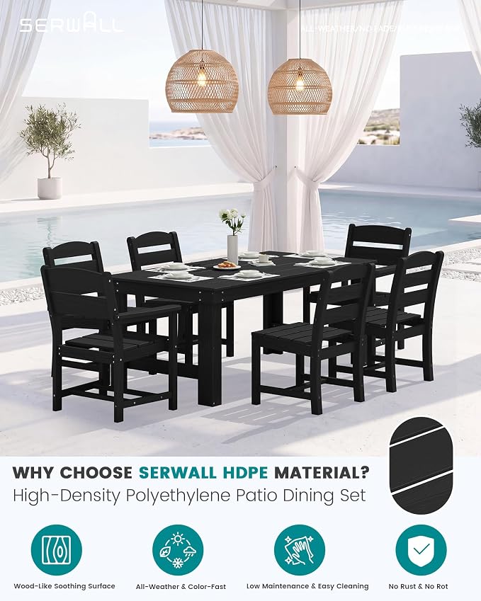 SERWALL HDPE Outdoor Dining Table and Chairs Set for 6 | with Armless Chair Seat