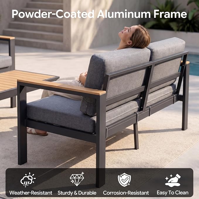 Aluminum Outdoor Patio Furniture Loveseat, All-Weather 2-Seat Patio Sofa with Rust-Resistant Frame and Water-Resistant Easy-Clean Cushions for Porch, Deck, Backyard, Gray