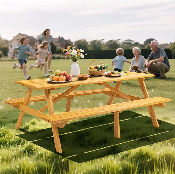 75" Rectangular Outdoor Picnic Table with Built-in Benches & Umbrella Hole,8-Person Heavy-Duty Solid Wood Dining Table,2220lb Capacity Natural for Camping, Garden & BBQ Social Events