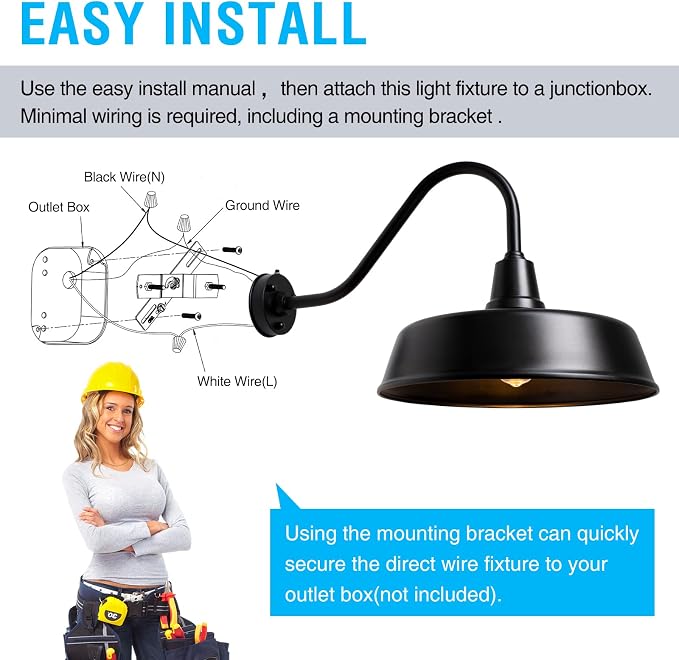 Gooseneck Barn Light, 18inch Dusk to Dawn Black Outdoor Wall Sconce | Weatherproof Steel Exterior Large Lighting Fixture, E26 Base, Easy DIY Install for Porch, Garage, Barn, Farmhouse(1 PC)