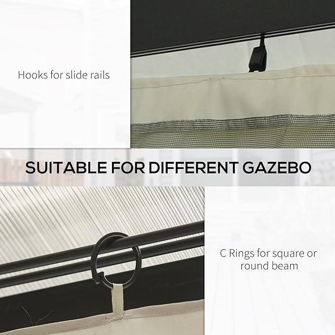 Outsunny 10' x 10' Universal Gazebo Sidewall Set with Panels, Hooks and C-Rings Included for Pergolas and Cabanas, Beige